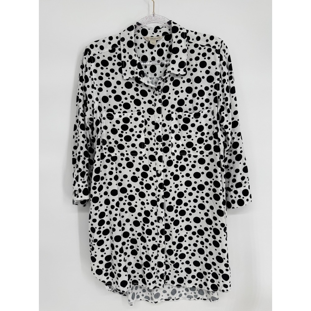 Khakis & Co Black White Polka Dot Tunic Button Down Shirt Sz Large